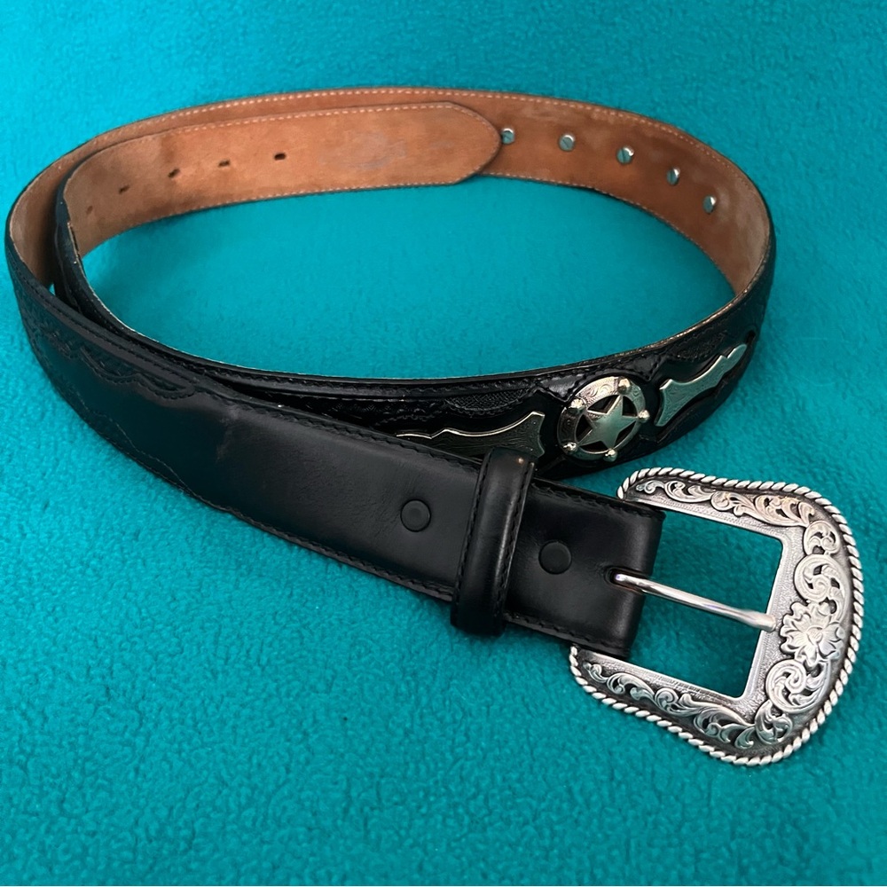 Western-Style Black Leather Belt with Decorative Silver Buckle Sz 44